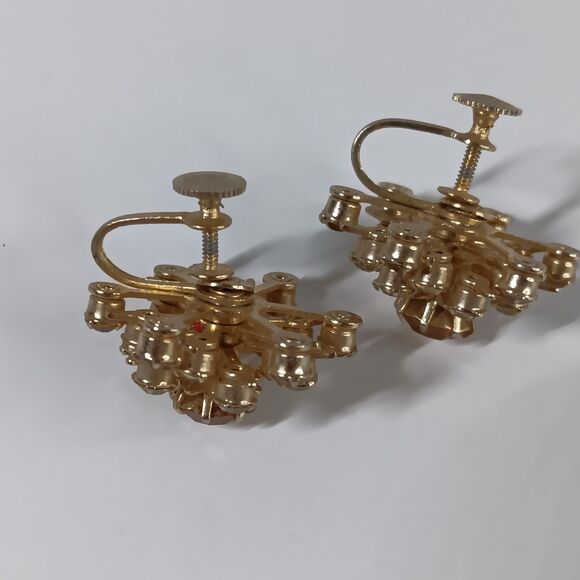 Coro Vtg Screwback Earrings Rhinestone Snowflake Cluster Gold Amber Tone Sparkle - Picture 7 of 8